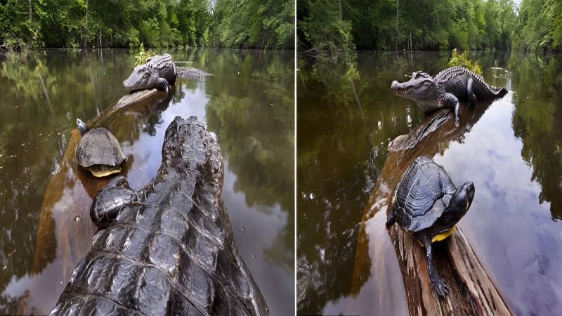 Unlikely Alliance: Turtle finds refuge on the back of an alligator in a surprising encounter with wildlife