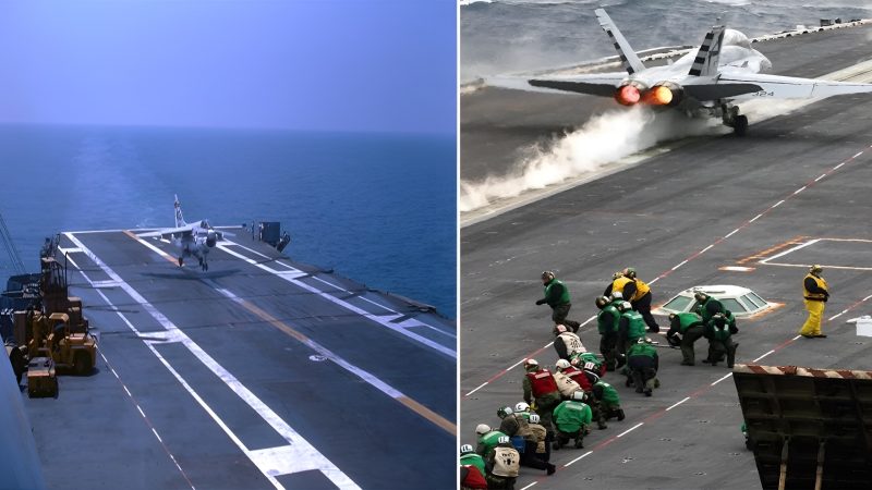 What happens when the pilot lands at very high speed on an American aircraft carrier?