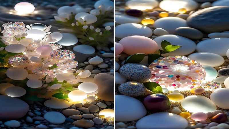 A Blossom of Light: The Radiant Flower Amidst Pebbles on the Dark Beach