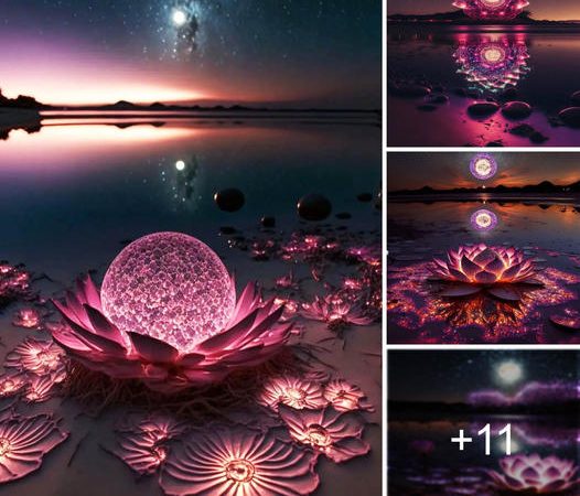 Under the star-studded sky, the luminous lotus blossoms radiate, casting a celestial glow that enchants the soul.