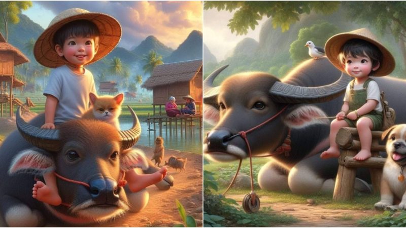 Capturing the Essence of Childhood in an Enchanting Image of a Baby Tending Buffaloes