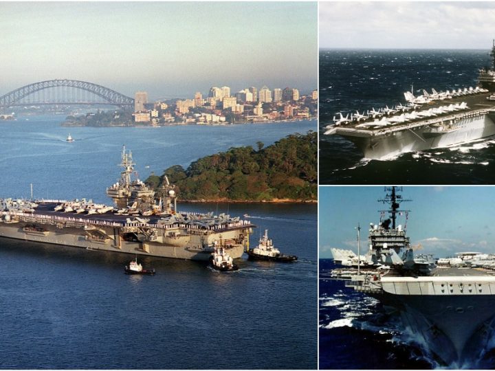 Majestic Port Bow View of USS Constellation (CV-64) Sailing with Fighter Jets Ready for Action