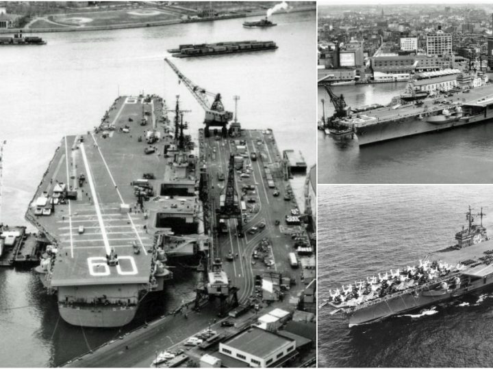 Timeless Majesty: The USS Saratoga (CVA-60) Anchored at Brooklyn Navy Yard, May 1956