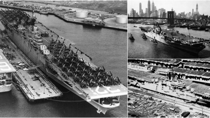 Historic Voyage: USS Leyte (CV-32) Navigates the East River to Brooklyn Navy Yard in 1948