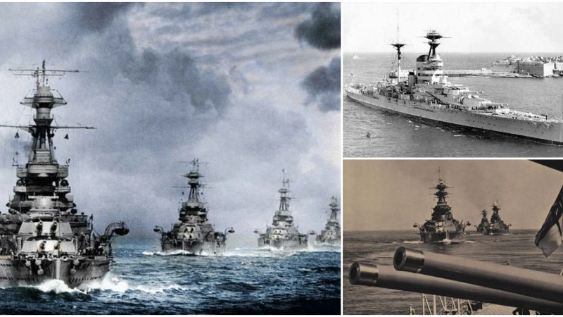 Four Revenge-Class Battleships: HMS Revenge, Ramillies, Royal Sovereign, and Resolution at Sea in 1930